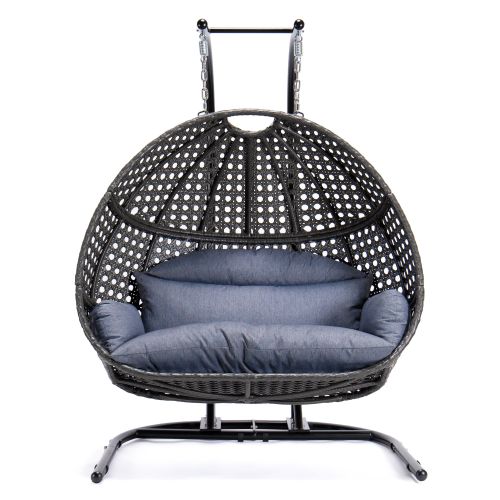 Modern Muse Charcoal Wicker Hanging Double-Seat Swing Chair with Stand w/Dust Blue Cushion Modern Muse Charcoal Wicker Hanging Double-Seat Swing Chair with Stand w/Dust Blue Cushion