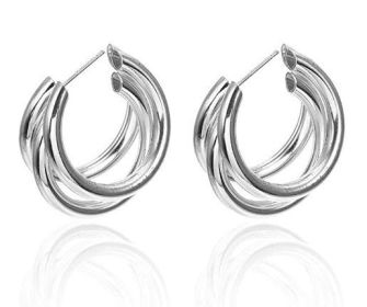 C Shaped Multi-Layer Hoop Earrings Stud Geometric Hollow Circle Round Dangle Drop Earrings Fashion Jewelry for Women Girls (Color: Silver)